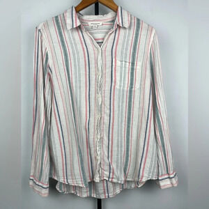 Beachlunchlounge White Multicolor Linen Blend Button Up Striped‎ Long Sleeve Top